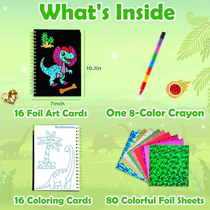 FUNNYB&G Foil Art Craft Kit for Boys 4-10 Years Old: Mess-Free & No-Glue, Create 16 Sparkly Dinosaur World Pictures – Perfect Travel Toy & Birthday Gift for Kids (Dinosaur World)