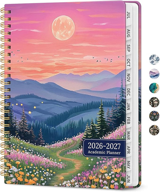 Planner 2026-2027, Academic Monthly and Weekly Calendar Planner for Women, July 2026 - June 2027, Hardcover Pretty Agenda Planner Book with Tabs, Spiral Daily Organizer for School Office Home Supplies, 6.3" x 8.5" - Dreamscape Hills