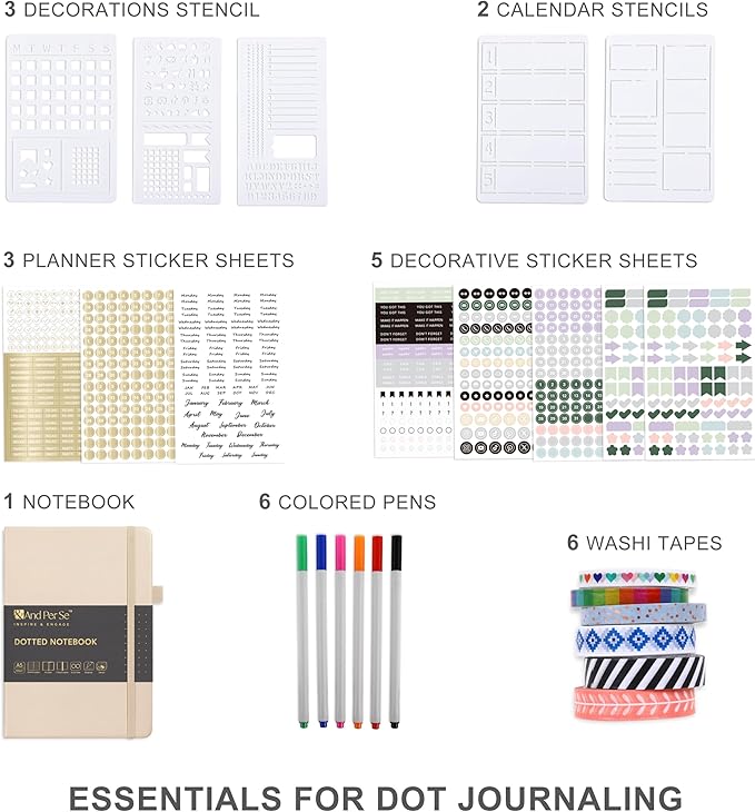 &And Per Se Dotted Journal Supplies – Journal Kit with Dotted Notebook, Stencils, Stickers, Washi Tapes & Colored Pens for Beginners (Light Apricot)