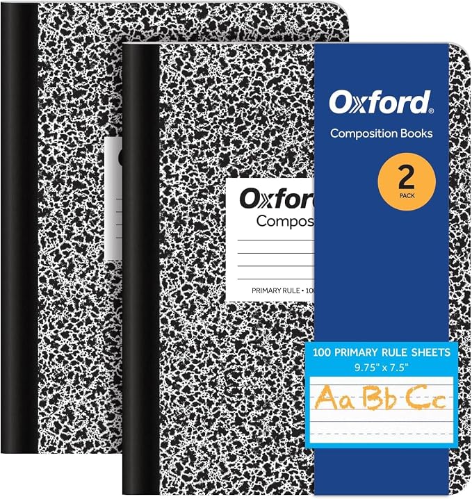 Oxford Primary Ruled Composition Notebooks, 9-3/4 x 7-1/2 Inches, Writing Practice for Kids, Grades K-2, Black Covers, 100 Sheets, (1002521), 2 Count (Pack of 12)