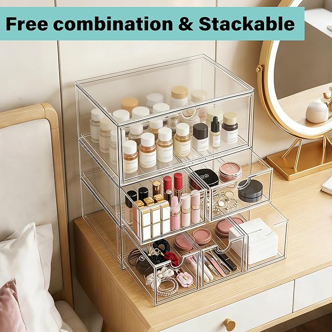 Prsildan Stackable Clear Makeup Organizer, 3 Pack Acrylic Storage Drawers with 6 Drawers for Vanity Bathroom Office Desk Modular Drawer System for Cosmetics Jewelry Toiletries Home Organization