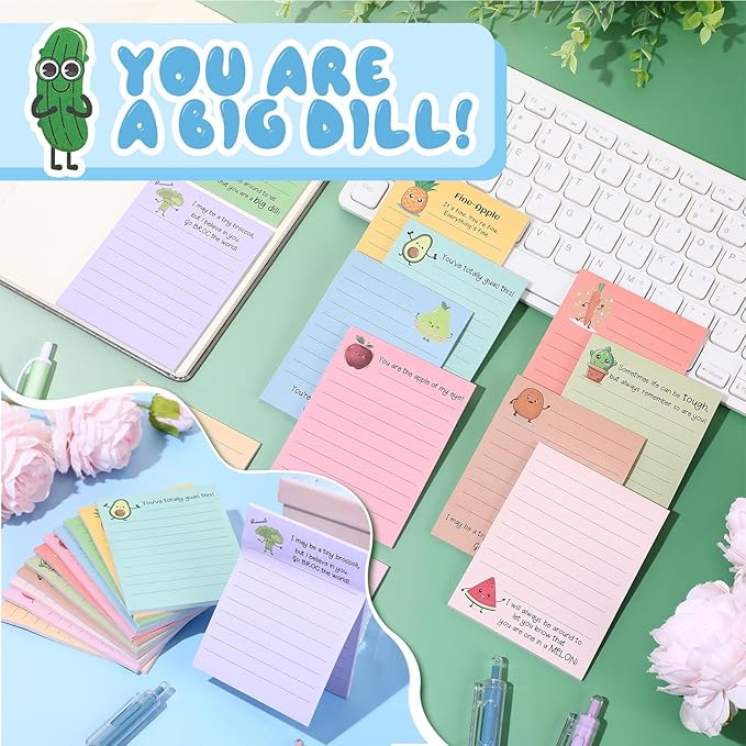 AmazingSpark 12 Pcs Cute Inspirational Sticky Notes, 4*3 Motivational Notepads Positive Emotional Support Gift Funny Lined Memo Note Pads for Office Desk Supplies Coworker Employee(Fruits,Vegetables)