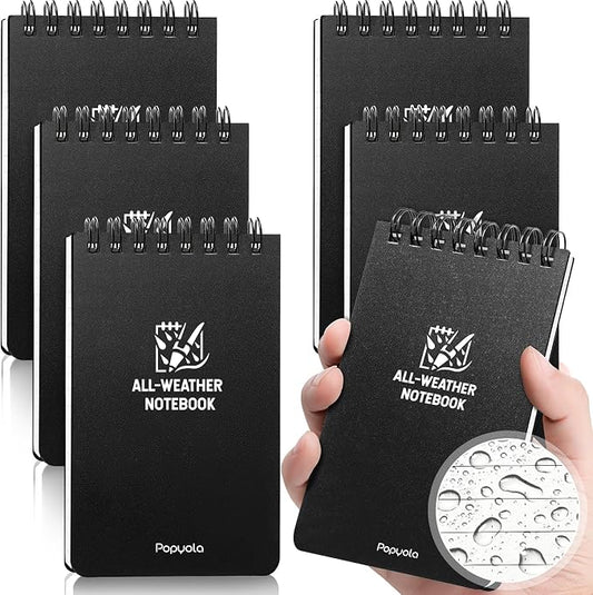 6 Pack Waterproof Pocket Notebook, 3" x 5" Top-Spiral Pocket Notepad