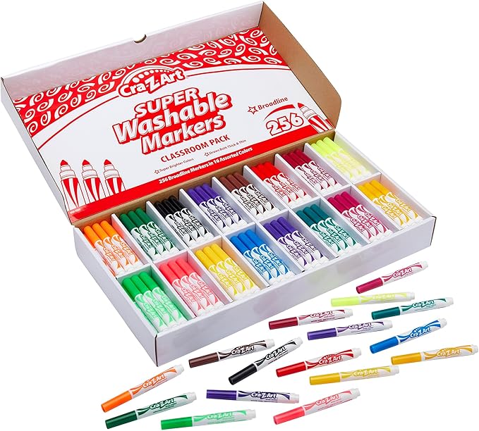 Cra-Z-Art Washable Broadline Markers Bulk Class Pack 256ct 16 Assorted Colors, Back To School Supply List Essential, Bulk Pack for School Supply Rooms and In Class For Teachers
