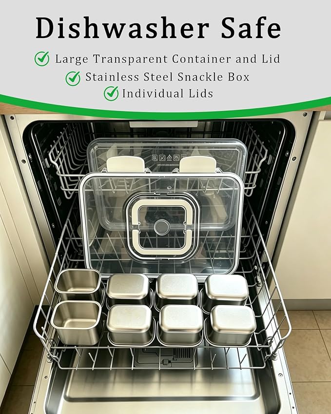 Snackle Box Container, 7-Compartment Stainless Steel Snack Box, Dishwasher Safety Snack Tray with Lid and Handle, Large Divided Serving Tray for Travel, Picnic, Beach, Pool and Parties