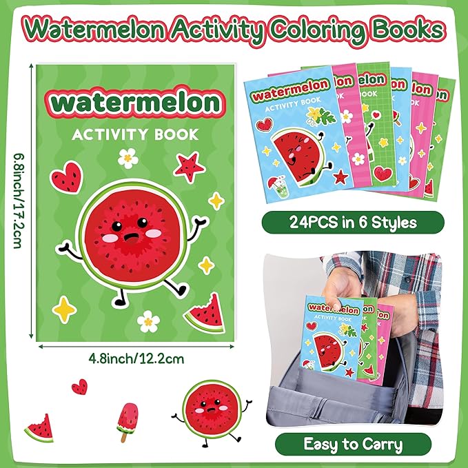 JAPBOR Watermelon Activity Coloring Books - 24PCS Mini Fruit Color Activities Book Bulk for Party Favor, Summer Watermelons Small DIY Colour Pages for Birthday Gifts Class Drawing Painting Games