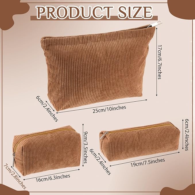 Huhumy 3 Pcs Makeup Bag Set for Women Corduroy Cosmetic Pouch Aesthetic Smile Travel Toiletry Bag Cute Purse Pouch Pencil Case Makeup Brushes Storage Organizer with Zipper(Brown,Solid Style)