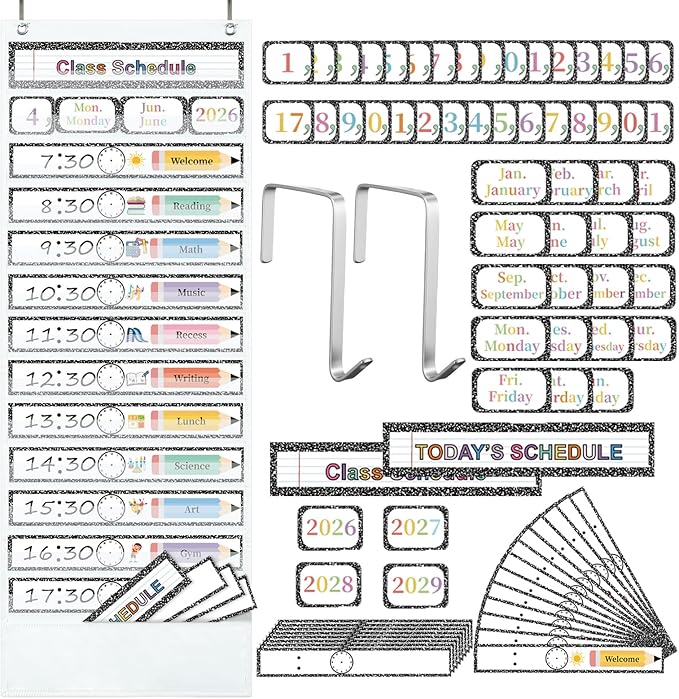 Daily Schedule Pocket Chart, 13+1 Pocket, with 77 Pcs Reusable Dry Eraser Cards Calendar Schedule Chart for Toddler Classroom Office Home Preschool Activity