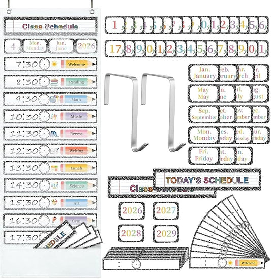 Daily Schedule Pocket Chart, 13+1 Pocket, with 77 Pcs Reusable Dry Eraser Cards Calendar Schedule Chart for Toddler Classroom Office Home Preschool Activity