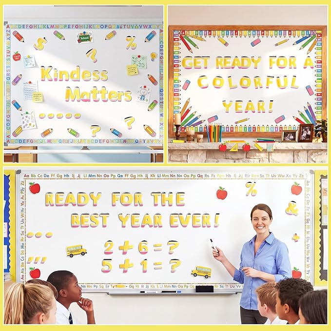221 Pcs Pencil Bulletin Board Letters, Round Alphabet Number Punctuation Symbol Combo Letter Cutouts, Cute Yellow Classroom Decor for Summer School Classroom Chalkboard Poster Wall
