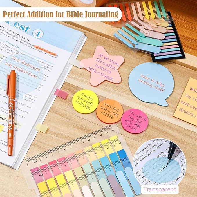 BAYTORY 1700 Sheets Transparent Sticky Notes, 4Pcs Double Maker Pens, See Through Clear Index Tabs, Self-Adhesive Translucent Memo Pads for Bible Accessories (Light Colors)
