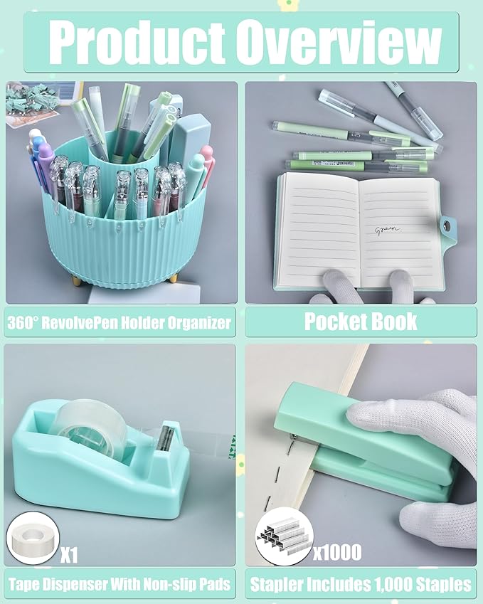 LXEVIHK Green Desk Accessories, 20Pc Office Supplies and 360°Pen Holder Desk Organizers, With Tape Dispenser, Stapler, Staple Remover, Ect, Let the Color Green Fill Your Desktop