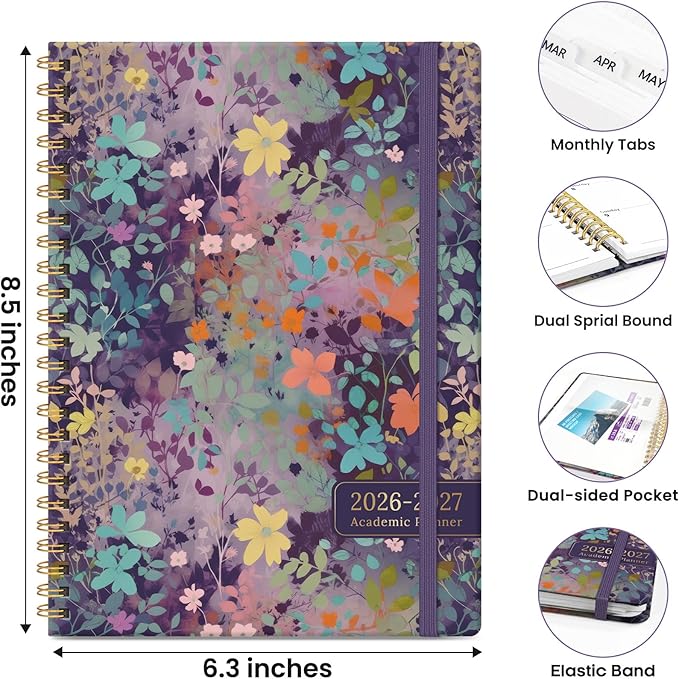 Planner 2026-2027, Monthly and Weekly Academic Planner July 2026 - June 2027, Hardcover Student Teacher Planning Agenda Calendar Book with Tabs, Perfect for Office School Supplies, A5 (6.3" x 8.5") - Lavendar Floral