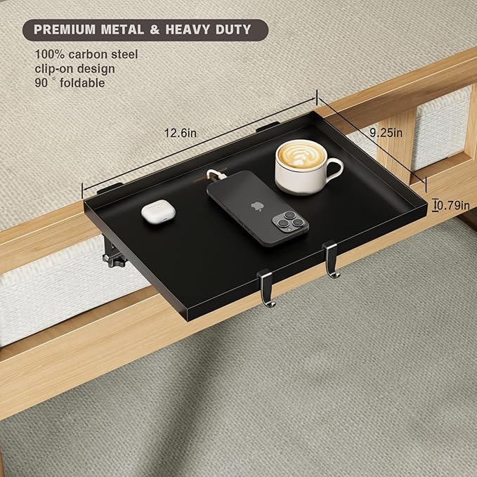 Magheo Bedside Shelf Foldable, Metal Clip-On Bunk Bed Table Shelf for Top Bunk Heavy Duty Bed Side Table Tray for College Dorm Room Essentials, Loft Nightstand Organizer Tray with 1 Cord Hole(Black)