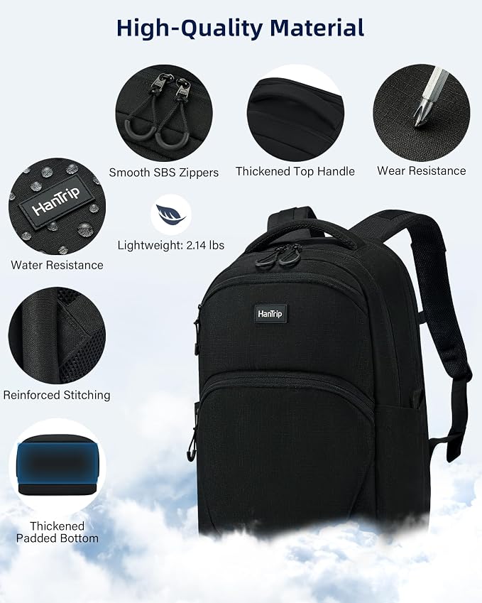HanTrip 18 Inch Carry on Travel Backpack with Lots of Pockets, Black | 17 Inch Laptop Sleeve, Luggage Sleeve, Water Bottle Pocket, 30 Liter, Chest Strap, Water Resistant, 18x14x8 Medium Bookbag