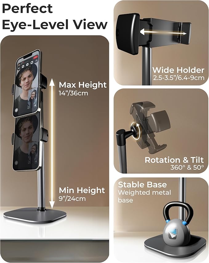 COOPER ChatStand, Adjustable Cell Phone Stand for Desk, Phone Stand for Recording, iPhone Holder for Filming, Small Tripod for iPhone, Fits Samsung, Android Smartphones, (Metallic Gray)