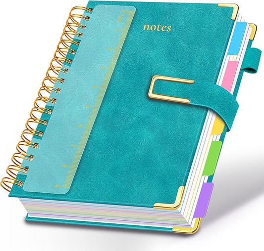 Hardcover Spiral Notebook College Ruled, 8"x10" Leather Journal Notebook with Magnetic Closure, 300 Pages 5 Subject Notebook with Dividers Tabs Journal for Women Men, Work, School(Deep Blue)
