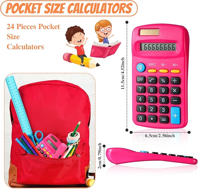 Copkim 24 Pack Student Mini Calculator for Classroom, 8-Digit Display Dual Powered Handheld Math Tools for Teachers, School Supplies and Classroom Rewards, Compact Design(Rose Red)