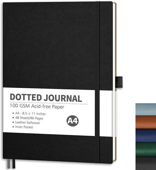 RETTACY Dotted Journal Notebook, 96 Pages, A4 Large Size (8.5'' x 11''), Leather Softcover, 100 GSM Thick Paper, for Journaling, Planning, Tracking (Black)
