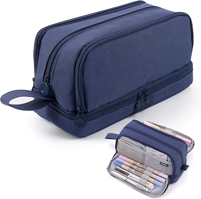 MAMUNU Large Capacity Pencil Case 4 Compartments, Pencil Pouch Bag with Zipper Portable Handle, Pen Case Bag Stationery Organizer for Office College School Adults Teen Girls Boys Men Women, Dark Blue