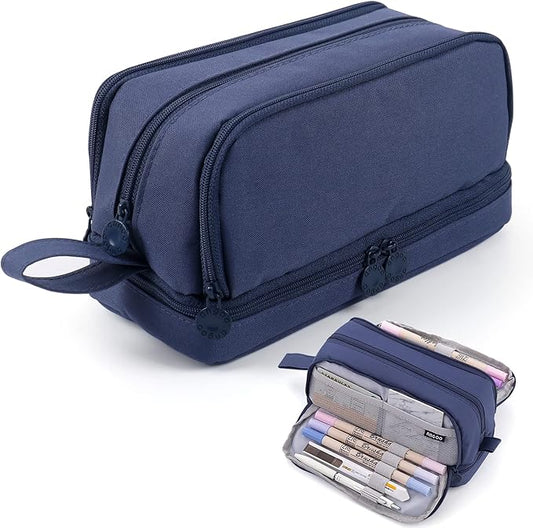 MAMUNU Large Capacity Pencil Case 4 Compartments, Pencil Pouch Bag with Zipper Portable Handle, Pen Case Bag Stationery Organizer for Office College School Adults Teen Girls Boys Men Women, Dark Blue