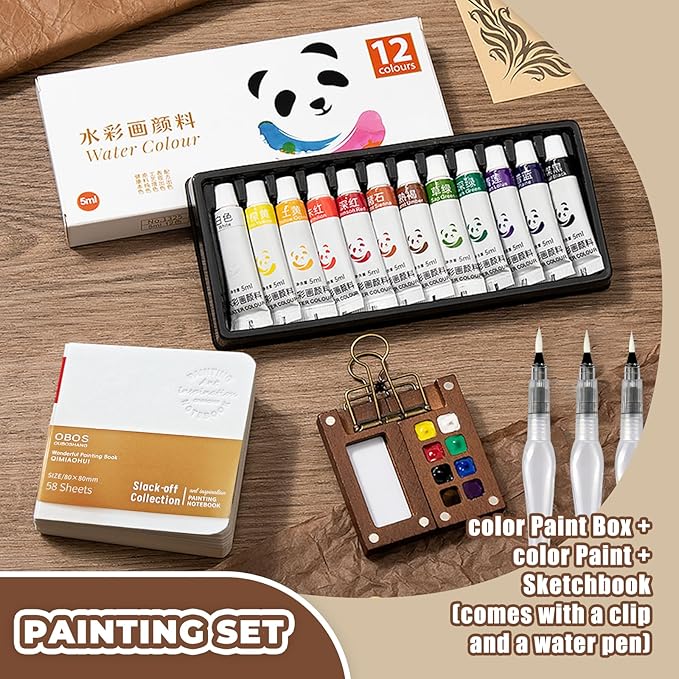 Mini Watercolor Paint Set Portable, Travel Grid Paint Palette Box with Binder Clips Include 12 Colours, Brush*3 and Picture Album Art Materials Coloring Markers for Travel, Creative Drawing Kit for Beginners and Art Enthusiasts
