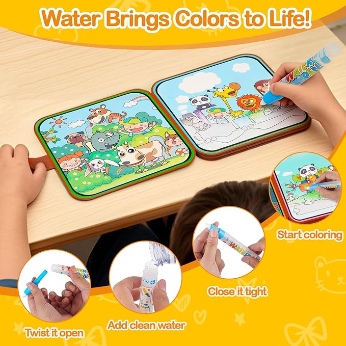 Zoo Water Coloring Book Toy for Toddler–Reusable Water Painting Book with Water Pen,Mess Free Coloring Magic Water Book for Kids,Preschool Educational Drawing Travel Toys for Boy/Girl Age 3+