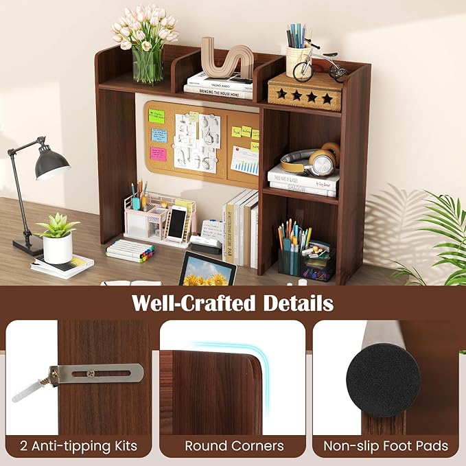 Giantex Desktop Bookshelf, Wood Desk Hutch Organizer for 27 Inch Computer Monitor, Countertop Storage Display Rack with 5 Shelves, Multipurpose Desktop Shelf Bookcase for Dorm Office Home, Walnut