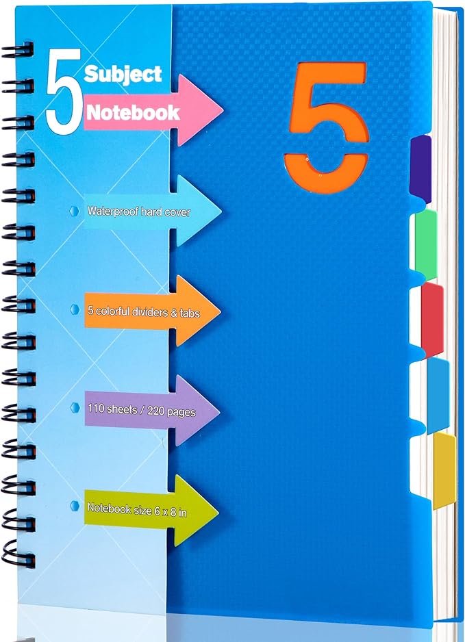 CAGIE 5 Subject Notebook, A5 Small Spiral Notebook with Removable Pocket Dividers Tabs, 240 Pages Spiral Note Book College Ruled for School Work Note taking, 6.1 * 8.27 in, Blue