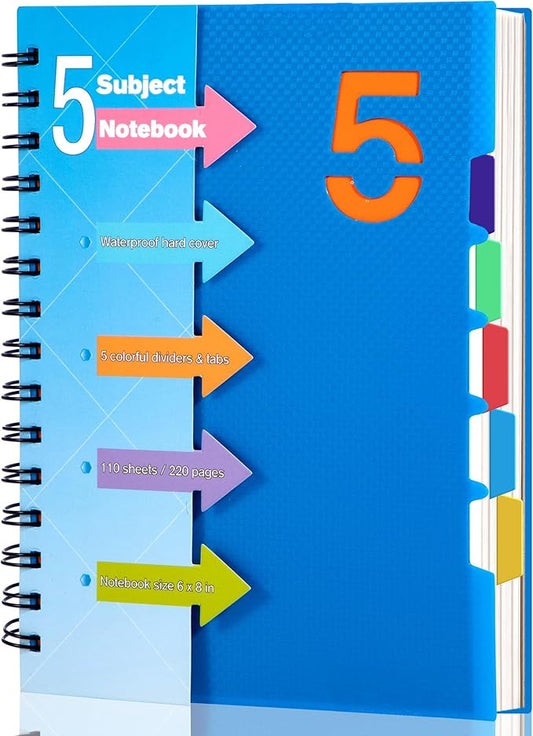 CAGIE 5 Subject Notebook, A5 Small Spiral Notebook with Removable Pocket Dividers Tabs, 240 Pages Spiral Note Book College Ruled for School Work Note taking, 6.1 * 8.27 in, Blue