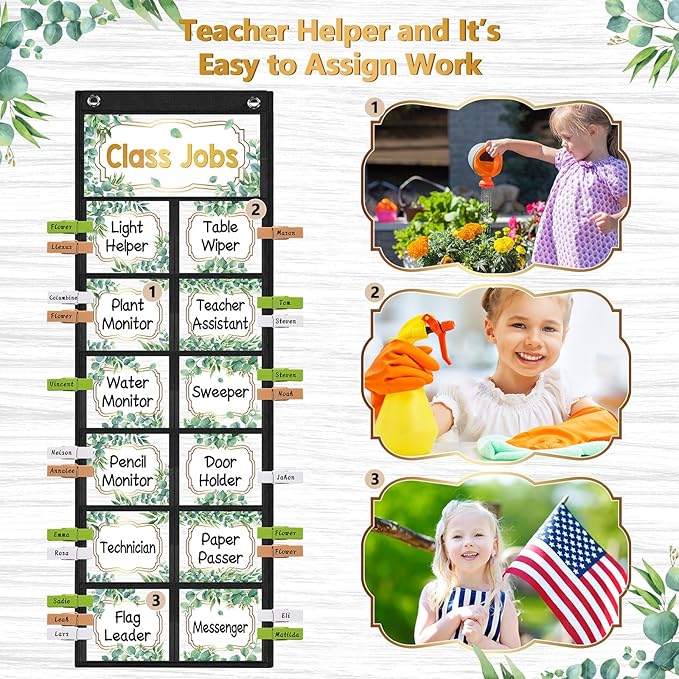 Pasimy Eucalyptus Class Jobs Pocket Chart Class Helpers Pocket Chart Classroom Jobs Cards with Clips and Hooks Teacher Helper Bulletin Board Set for Back to School Classroom Teacher Supplies