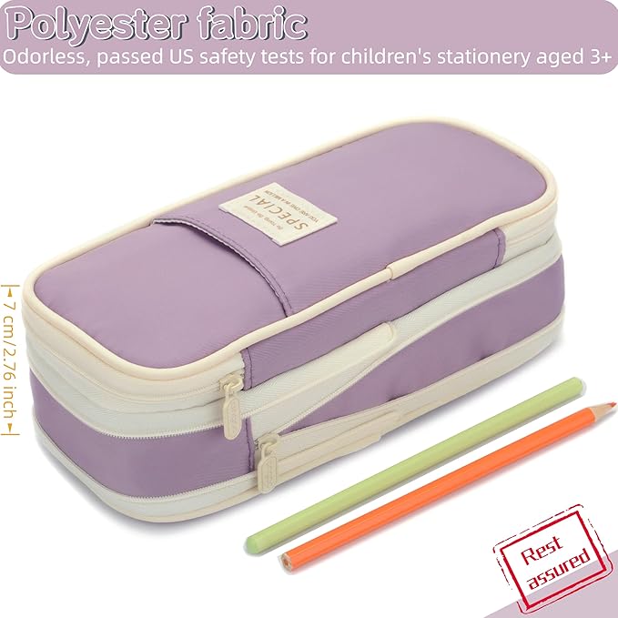 Large Capacity Canvas Pencil Case Organizer Holder Pouch Bag with Zipper Compartments, Pen Cases for Women Girls School Adults (Purple)