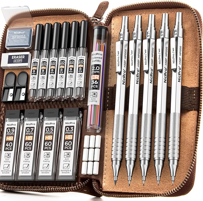 Nicpro 20PCS Metal Mechanical Pencil Set in Leather Case | Art Drafting Pencil 0.3/0.5/0.7/0.9/2mm Lead Holders, 9 Tube (4B 2B HB 2H Colors) Lead Refills, Erasers For Sketching Drawing
