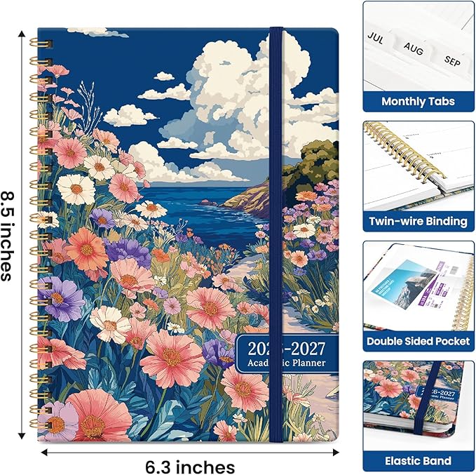 Planner 2026–2027, Academic Monthly Weekly Spiral Calendar, July 2026 – June 2027, Hardcover Agenda Notebook with Tabs, 6.3" x 8.5", Perfect for Students, Teachers, School & Daily Planning - Pelagic Petalia