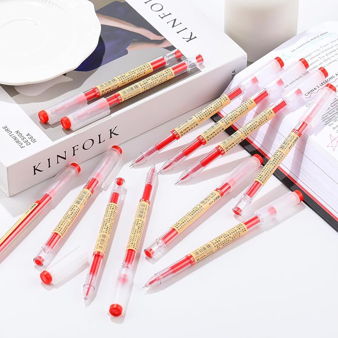 Japanese Style Red Gel Ink Pens, 0.35mm Extra Fine Point, No Smudge Quick Drying, Japanese Ink Pen for Journal Planners, Thin Notebook Paper, Office School Supplies, 24 Pack, Writing Drawing
