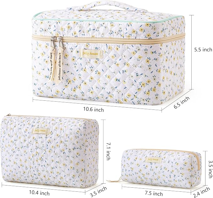 HBselect Quilted Makeup Bag, 3Pcs Cotton Large Travel Makeup Bags Organizer | Cute Floral Make up Bag Cosmetic Bag Toiletry Bag for Women Girls, Makeup Pouch for Skincare, Brushes & Travel Essentials