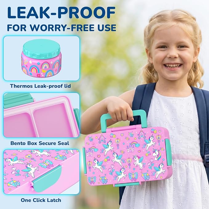Bento Lunch Box for Kids–3 Compartment Leak Proof Insulated Lunch Container | Unicorn Design Lunch Box-With 12oz Stainless Steel Food Soup Jar & Built-in Ice Pack Bento Box for Boys Girls School Travel