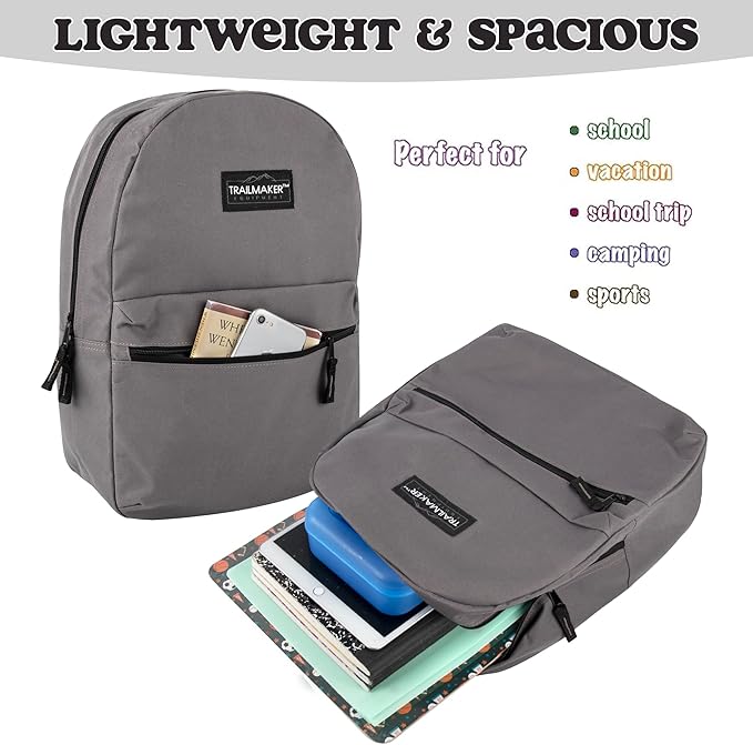 Trail maker Classic 17 inch Backpacks with Adjustable Padded Straps | School Backpacks for Girls, Boys (Grey)