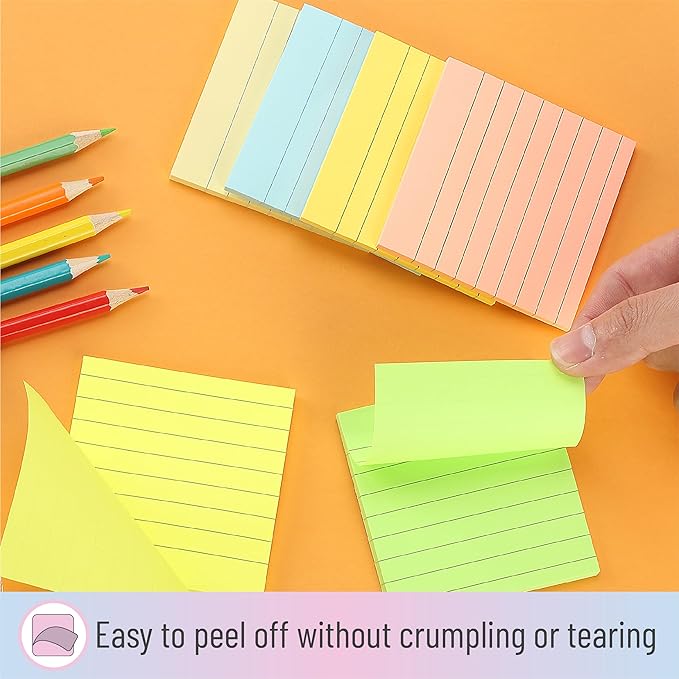 Mr. Pen- Lined Sticky Notes, 3" x 3", 6 Pads, 45 Sheets/Pad, Pastel Color, Sticky Notes with Lines, Ruled Post Stickies, Memo Pads, Self-Stick Note Pad for Office, School, Home, Study