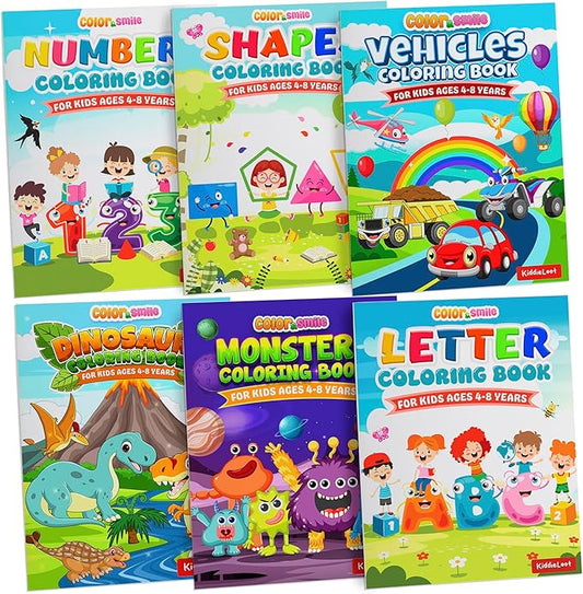 KiddieLoot Coloring Books for Kids Ages 4-8 - (Pack of 6) 8.5x11 Size Book w/Dinosaurs, Monsters, Vehicles, Alphabet, Numbers & Shapes - Kids Coloring Books Variety Set for Boys & Girls Color Gift