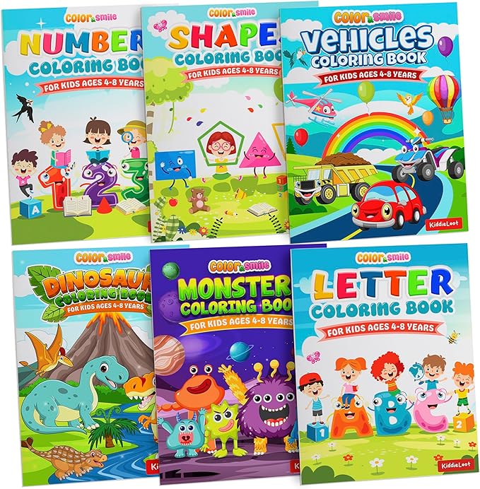 KiddieLoot Coloring Books for Kids Ages 4-8 - (Pack of 12) 8.5x11 Size Book w/Dinosaurs, Monsters, Vehicles, Alphabet, Numbers & Shapes - Kids Coloring Books Variety Set for Boys & Girls Color Gift