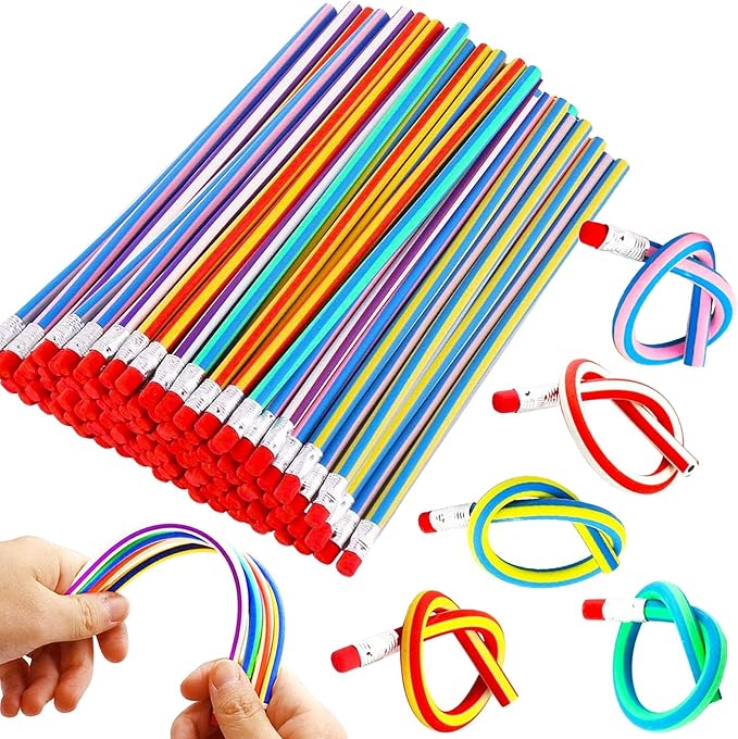 45 Pieces Flexible Soft Pencil,Colorful Stripe Rubber Pencils,Magic Bendable Pencils with Erasers for Kids Students Gift,School Supplies