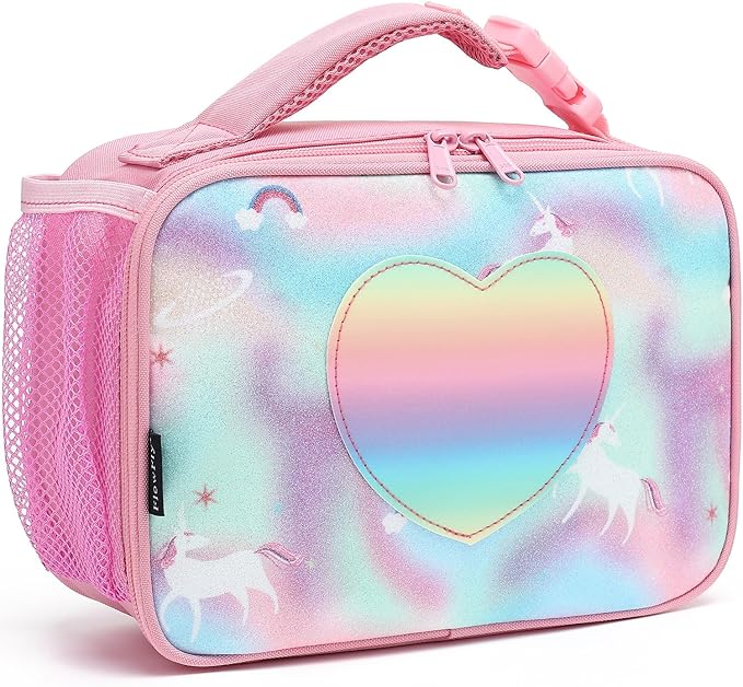 FlowFly Kids Lunch box Insulated Soft Bag Mini Cooler Back to School Thermal Meal Tote Kit for Girls, Boys, Glitter-Unicorn