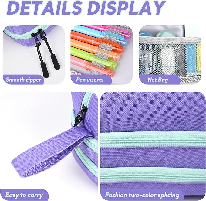 Genteen Large Capacity Pencil Case,Multifunction Pencil Pouch,Pencil Bags with Zipper 3 Compartments Pencil case organizer for or School Teen Girl Boy Men Women(Purple