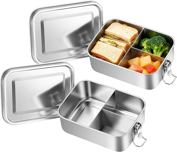 Leonyo 2 Pack 18/10 Stainless Steel Lunch Box for Adults 47oz, 1400ml Metal Bento Box with Removable Divider, 3 Compartments Snack Lunch Containers for Woman Man, Leak-Proof, Dishwasher Safe