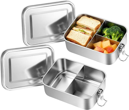 Leonyo 2 Pack 18/10 Stainless Steel Lunch Box for Adults 47oz, 1400ml Metal Bento Box with Removable Divider, 3 Compartments Snack Lunch Containers for Woman Man, Leak-Proof, Dishwasher Safe