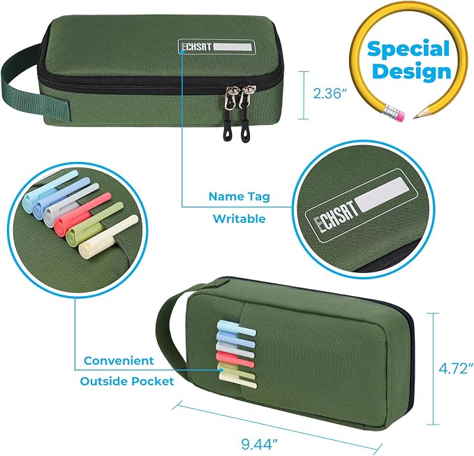 ECHSRT Large Capacity Pencil Case with Hidden Pocket, 1200D Oxford Fabric Zipper Pencil Pouch with Handle, Multi-Pocket Stationery Organizer for Office, College, Travel and Daily Carry, Army Green