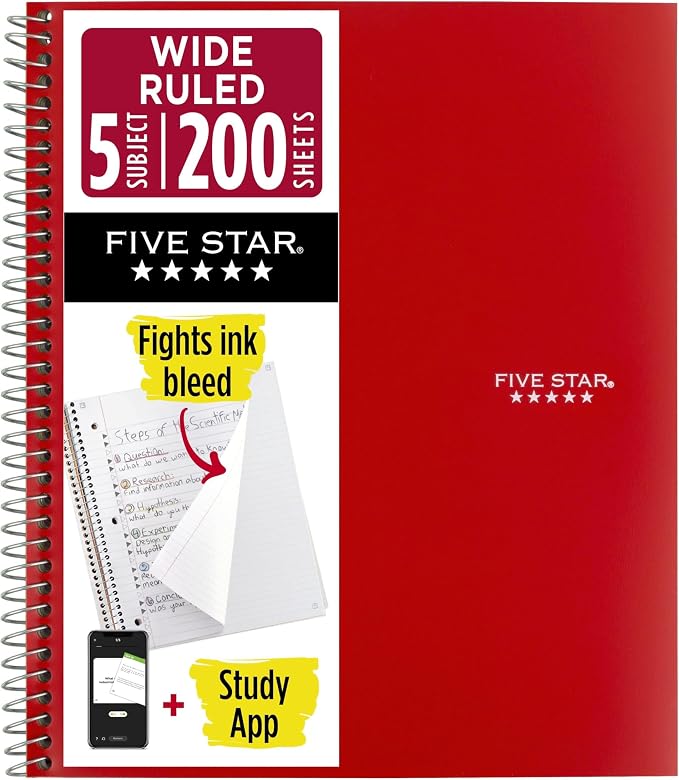 Five Star Spiral Notebook + Study App, 5 Subject, Wide Ruled Paper, 8" x 10-1/2", 200 Sheets, Fights Ink Bleed, Water Resistant Cover, Fire Red (72041) (Pack of 6)