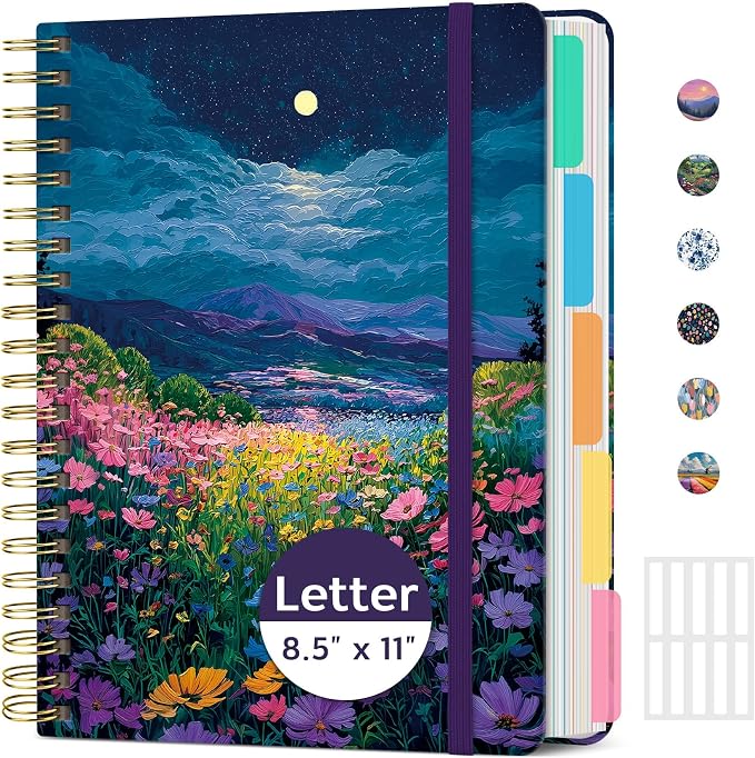 Taja Pretty Large Spiral Lined Notebook for Work with 5 Removable Dividers