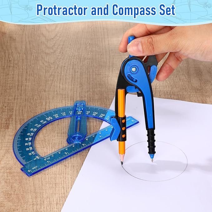 Zonon 2 Pcs Student Protractor and Compass, Student Geometry Math Set Drawing Compass and 180 Degree 6 Inch Protractor with Swing Arm for Drawing Measuring School Office (Deep Blue)